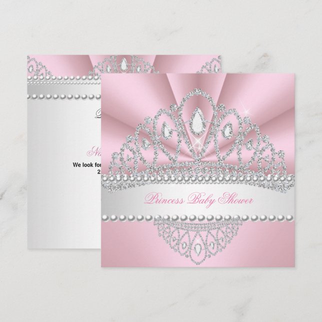 Princess Pink Pearls Diamond Tiara Babydusche Einladung (Vorne/Hinten)