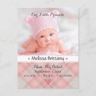 Princess Pink Plaid Baby Girl Faire-part de naissa