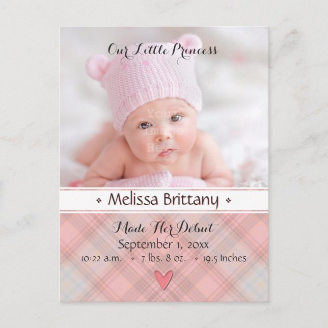 Princess Pink Plaid Baby Girl Faire-part de naissa (Devant)