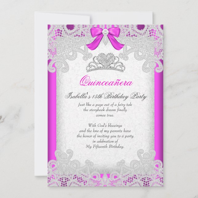 Princess Pink Quinceanera Hot Pink Lace Einladung (Vorderseite)