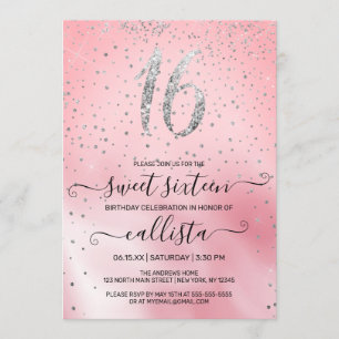 Princess Pink Silver Glitzer Confetti Sweet 16 Einladung