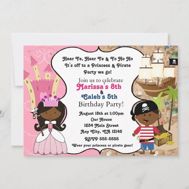 Princess & Pirate Dark Skin Ethnic Einladungen (Vorderseite)