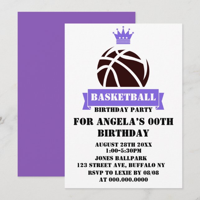 Princess Purple Basketball Anniversaire Invitation (Devant / Derrière)