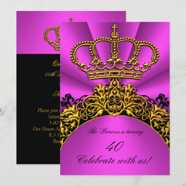 Princess Queen Gold Hot Pink Birthday Party Einladung (Vorne/Hinten)