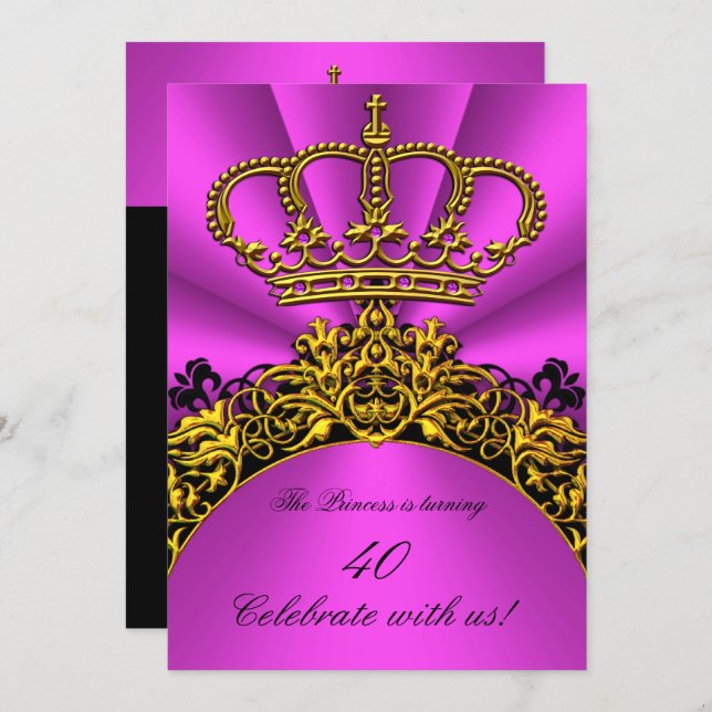 Princess Queen Gold Hot Pink Birthday Party Einladung (Vorne/Hinten)