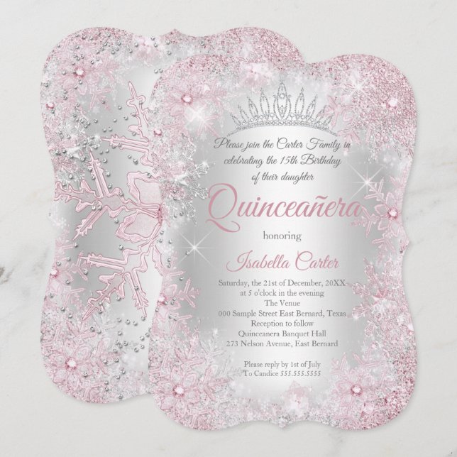 Princess Quinceanera 15. Blush Pink Silver Party Einladung (Vorne/Hinten)