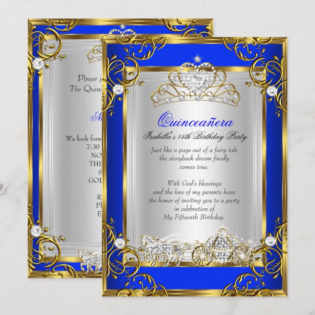 Princess Quinceanera 15. Geburtstag Royal Blue 2 Einladung (Vorne/Hinten)