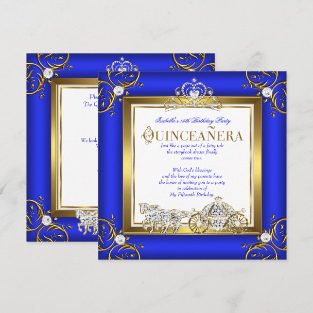 Princess Quinceanera 15. Geburtstag Royal Blue Gol Einladung (Vorne/Hinten)