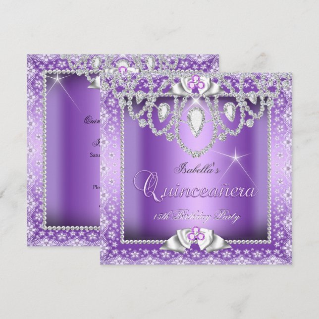 Princess Quinceanera 15. Lila Spitze Diamond Einladung (Vorne/Hinten)