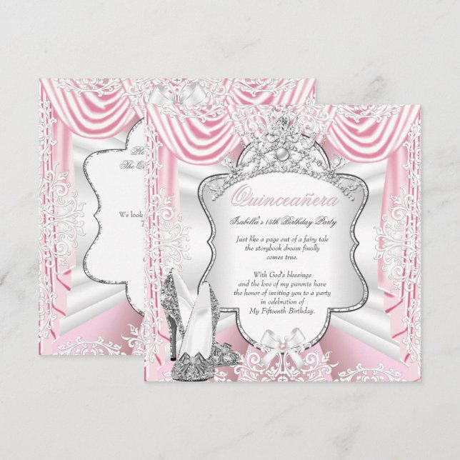 Princess Quinceanera 15. Party Seide Rosa Einladung (Vorne/Hinten)