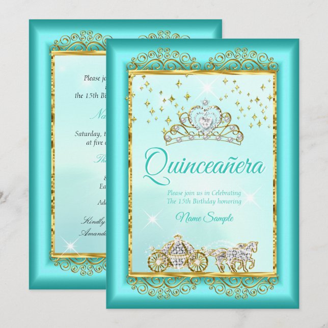Princess Quinceañera Aquamarin Blue Gold Märchen Einladung (Vorne/Hinten)