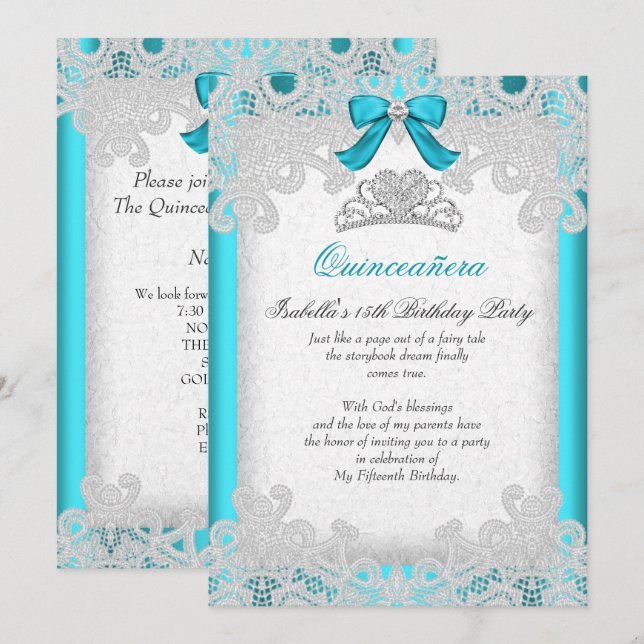 Princess Quinceanera Aquamarin Blue Lace Einladung (Vorne/Hinten)