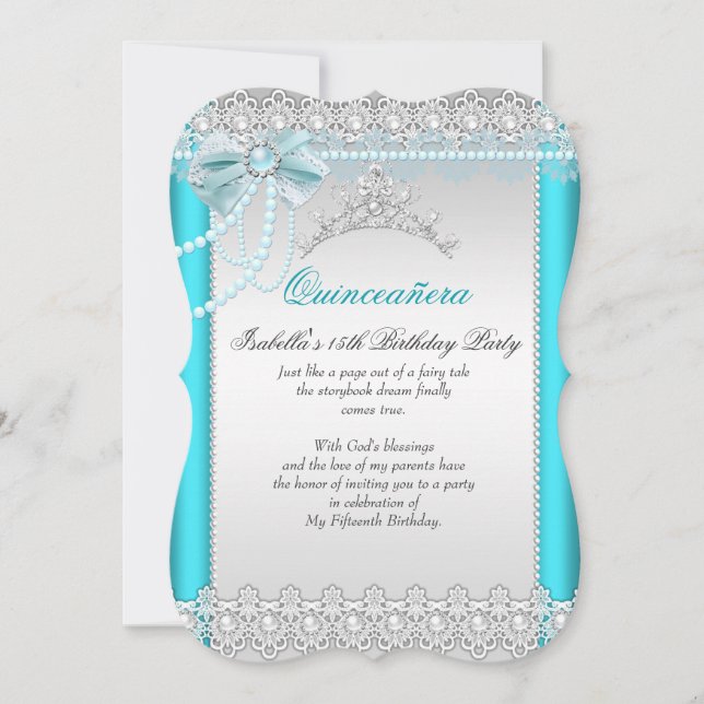 Princess Quinceanera Aquamarin Blue Lace Pearl Tia Einladung (Vorderseite)