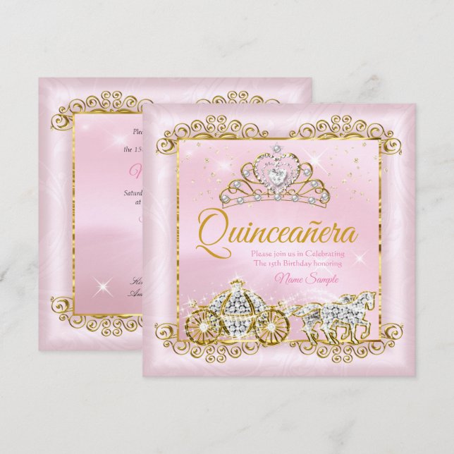 Princess Quinceanera Blush Pink Gold Kutsche Einladung (Vorne/Hinten)