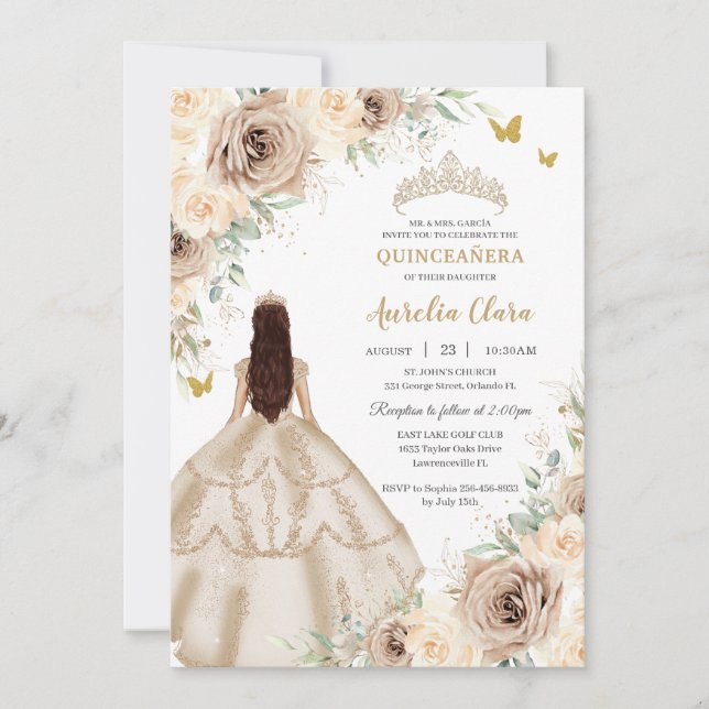 Princess Quinceañera Champagne Rose Dress Einladung (Vorderseite)