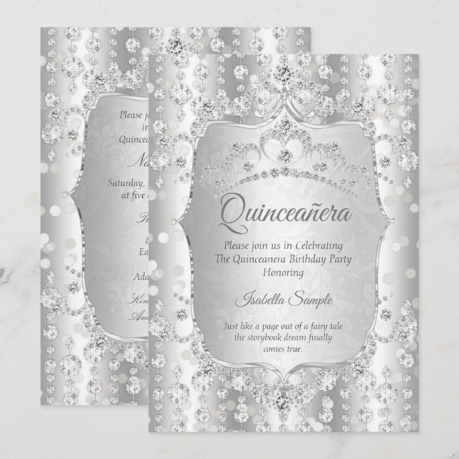 Princess Quinceanera Diamant silberweiße Tiara Einladung (Vorne/Hinten)