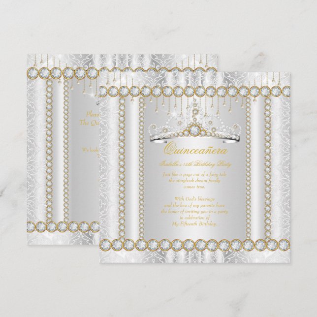 Princess Quinceanera Diamond Lace Gold White Einladung (Vorne/Hinten)