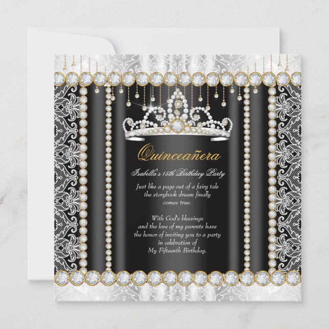 Princess Quinceanera Diamond Lace Schwarz-weiß Einladung (Vorderseite)