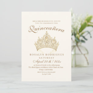 Princess Quinceañera Elegante Gold Crown Beige Einladung