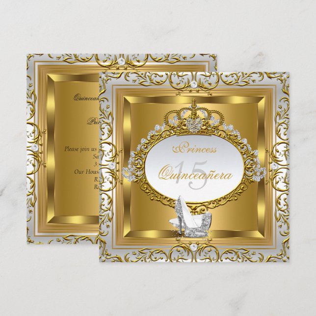 Princess Quinceanera Elite Elegantes Gold High Hee Einladung (Vorne/Hinten)