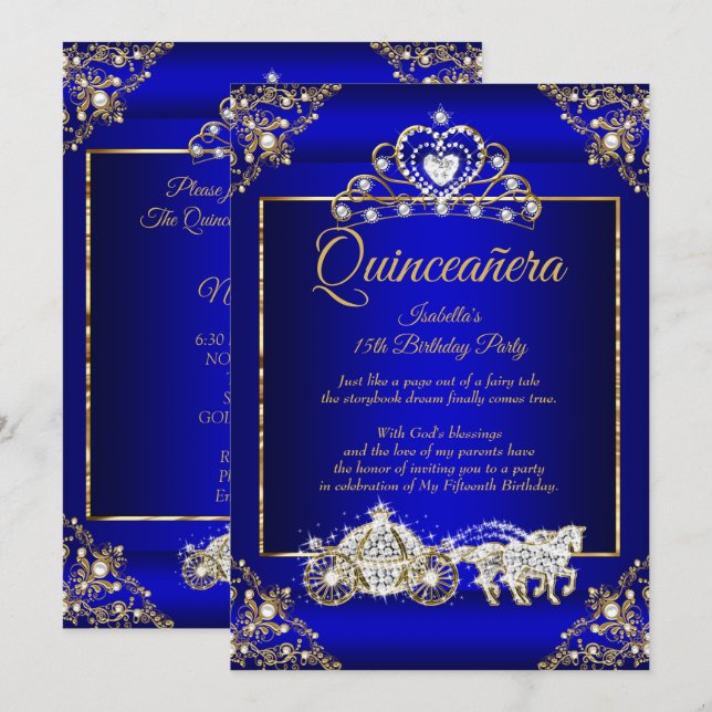 Princess Quinceanera Elite Royal Blue Gold Einladung (Vorne/Hinten)