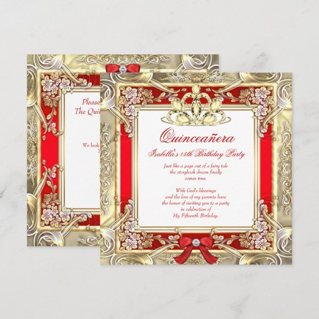 Princess Quinceanera Gold Red Silver White Einladung (Vorne/Hinten)