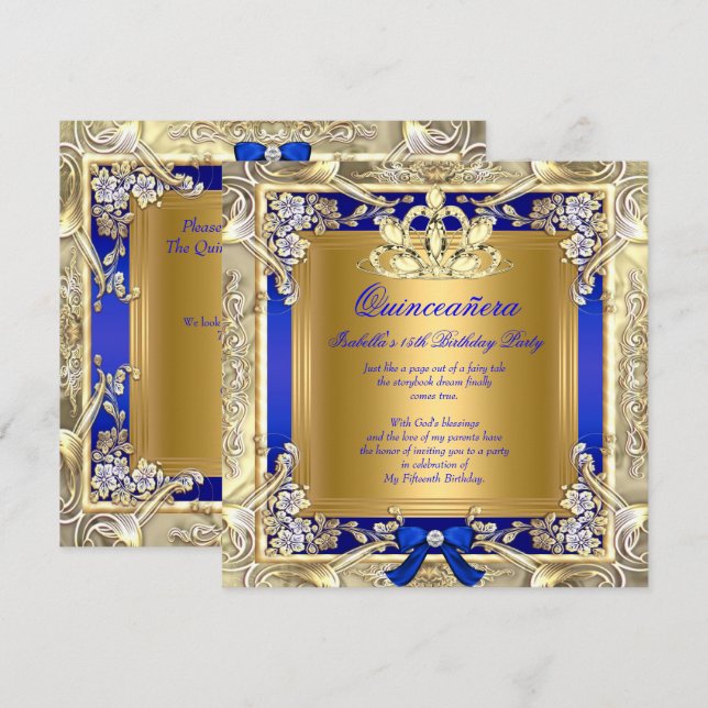 Princess Quinceanera Gold Royal Blue Silver Party Einladung (Vorne/Hinten)