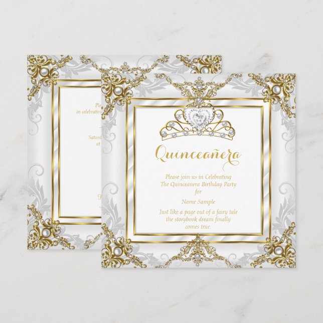 Princess Quinceanera Gold White Pearl Einladung (Vorne/Hinten)
