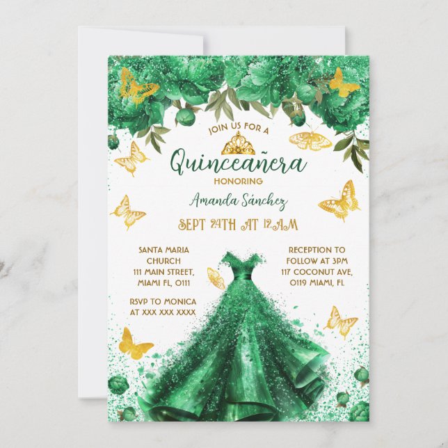 Princess Quinceanera Green Einladung (Vorderseite)
