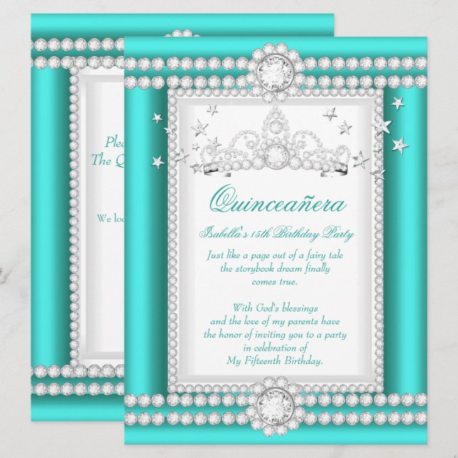 Princess Quinceanera Jade Aquamarin Diamond Tiara Einladung (Vorne/Hinten)