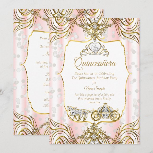 Princess Quinceanera Kutsche Gold Rosa Einladung (Vorne/Hinten)