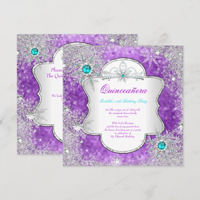Princess Quinceanera Lila Aquamarines Winterwunder Einladung (Vorne/Hinten)