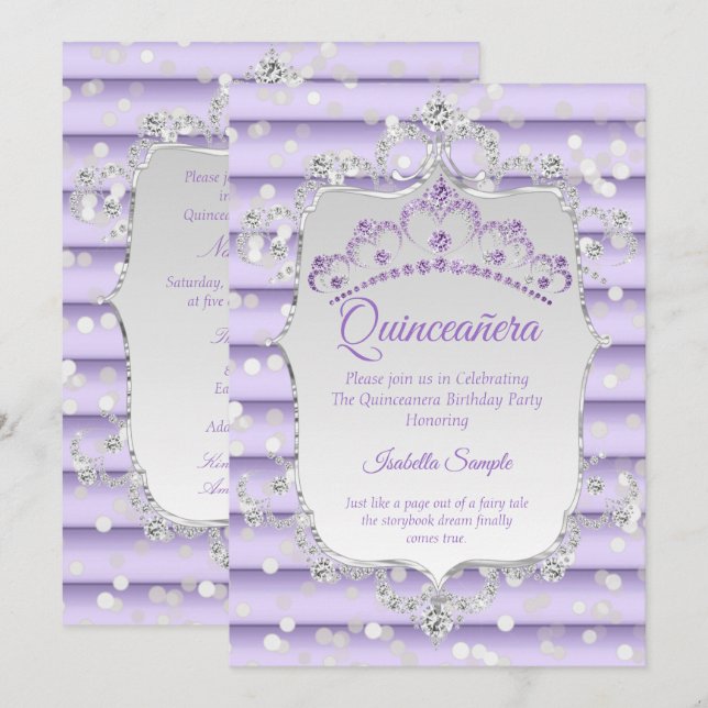 Princess Quinceanera lila lilac Diamant Silber Einladung (Vorne/Hinten)