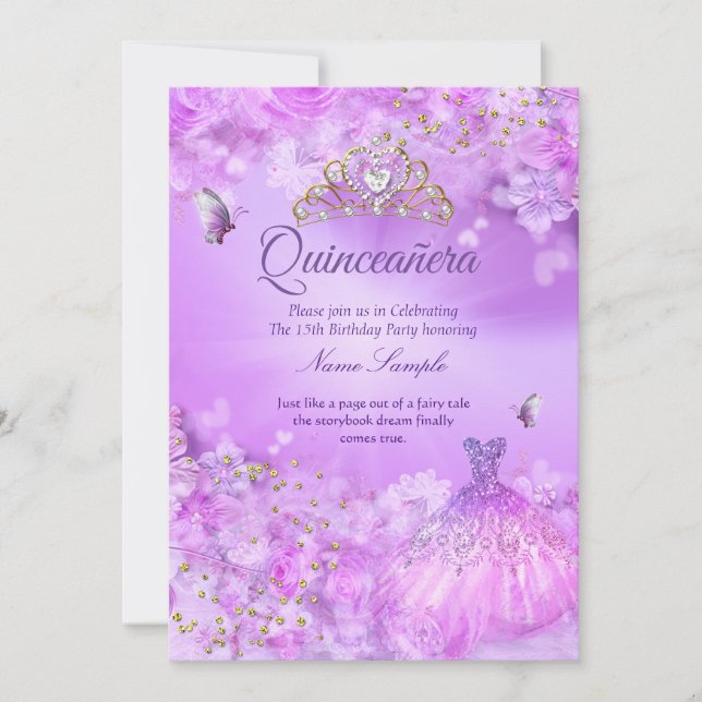 Princess Quinceanera lila rosa Blumenkleid Einladung (Vorderseite)