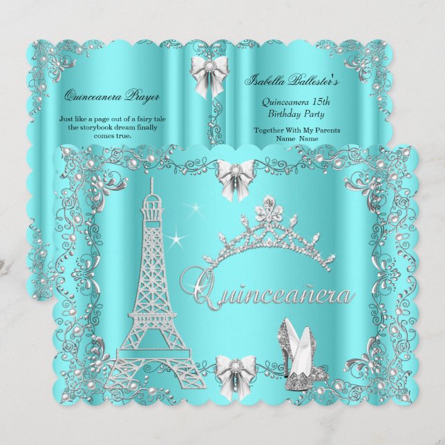 Princess Quinceanera Magical Aquamarin Blue Silver Einladung (Vorne/Hinten)