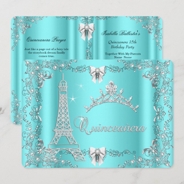 Princess Quinceanera Magical Aquamarin Blue Silver Einladung (Vorne/Hinten)