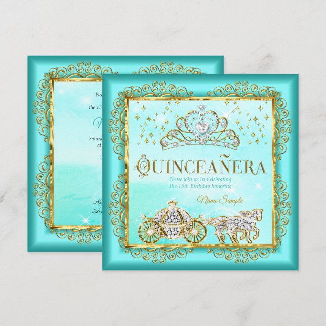 Princess Quinceañera magisch Aquamarin Blue Gold Einladung (Vorne/Hinten)
