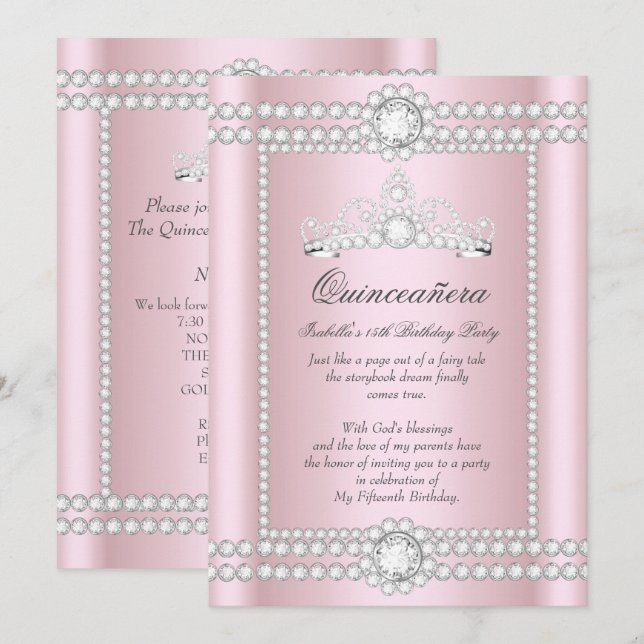 Princess Quinceanera Pink Silver Diamond Tiara Einladung (Vorne/Hinten)