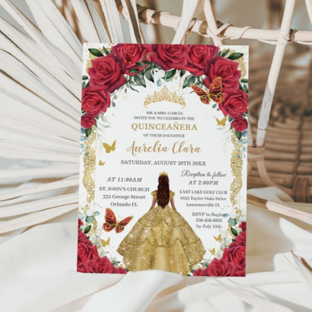 Princess Quinceañera Rote Rosen Blumengoldkleid Einladung (Von Creator hochgeladen)