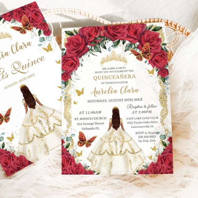 Princess Quinceañera Rote Rosen Blumenweißes Kleid Einladung (Von Creator hochgeladen)
