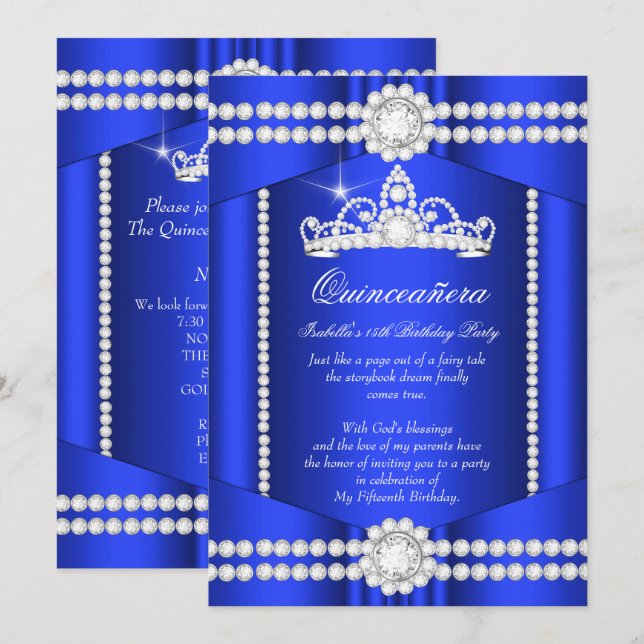 Princess Quinceanera Royal Blue Diamond Tiara Einladung (Vorne/Hinten)
