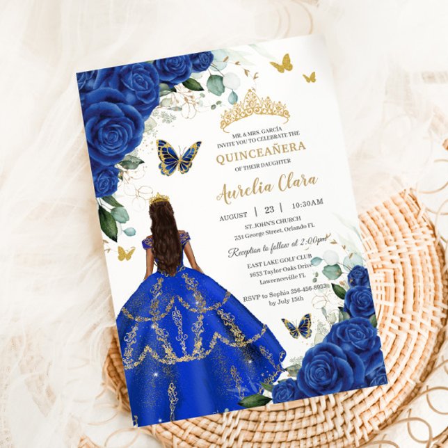 Princess Quinceañera Royal Blue Rose Dress Gold Einladung (Von Creator hochgeladen)