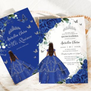 Princess Quinceañera Royal Blue Rose Silver Dress Einladung