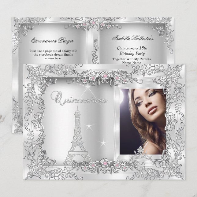 Princess Quinceanera Silver Foto Party Einladung (Vorne/Hinten)