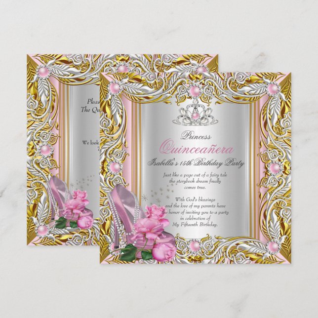 Princess Quinceanera Silver Pink Rose Gold Einladung (Vorne/Hinten)