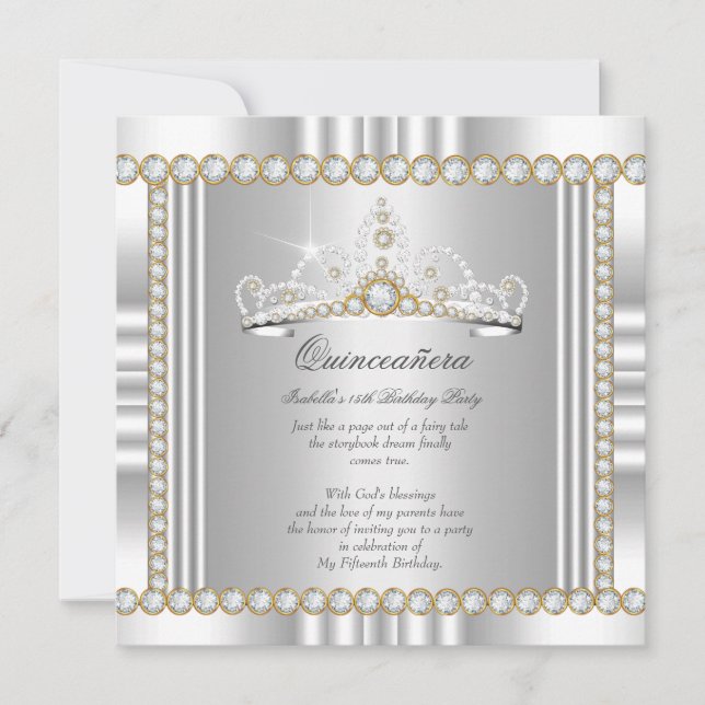 Princess Quinceanera Tiara Gold Silver White Einladung (Vorderseite)