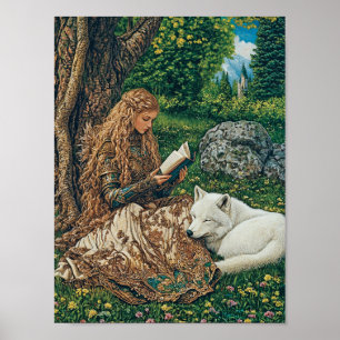 Princess Reading von ihrem Wolf Pet Poster