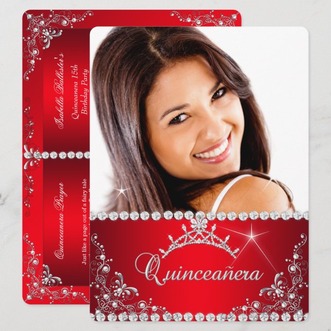 Princess Red Quinceanera Foto Silver Tiara Einladung (Vorne/Hinten)