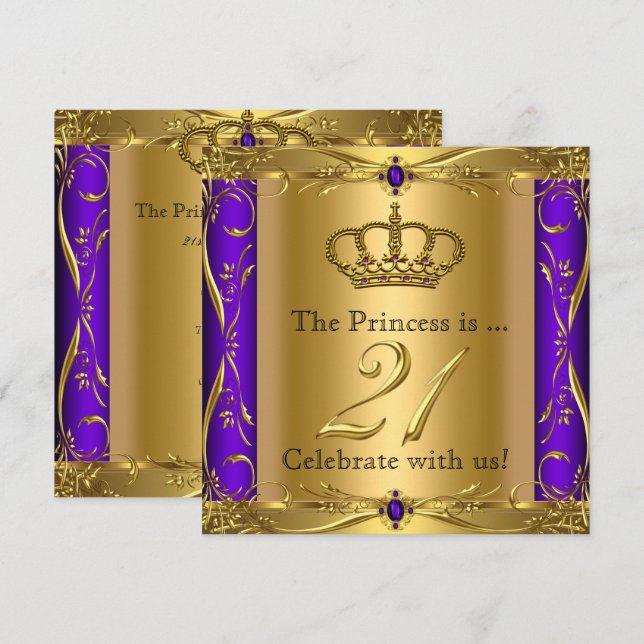 Princess Regal Lila Gold 21. Geburtstag Party Einladung (Vorne/Hinten)