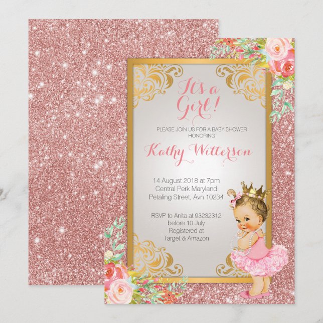 Princess Rose Gold Baby Dusche Einladung (Vorne/Hinten)